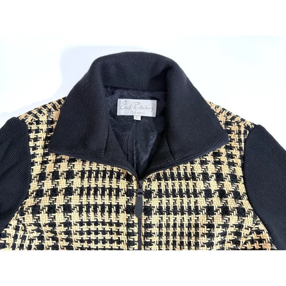 Vintage Emil‎ Rutenburg Womens Houndstooth Cardigan Jacket Black & Camel Size L